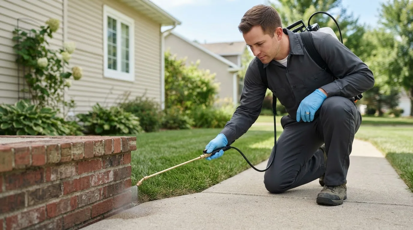 Pest control technician treating a home near Sunfield, MI