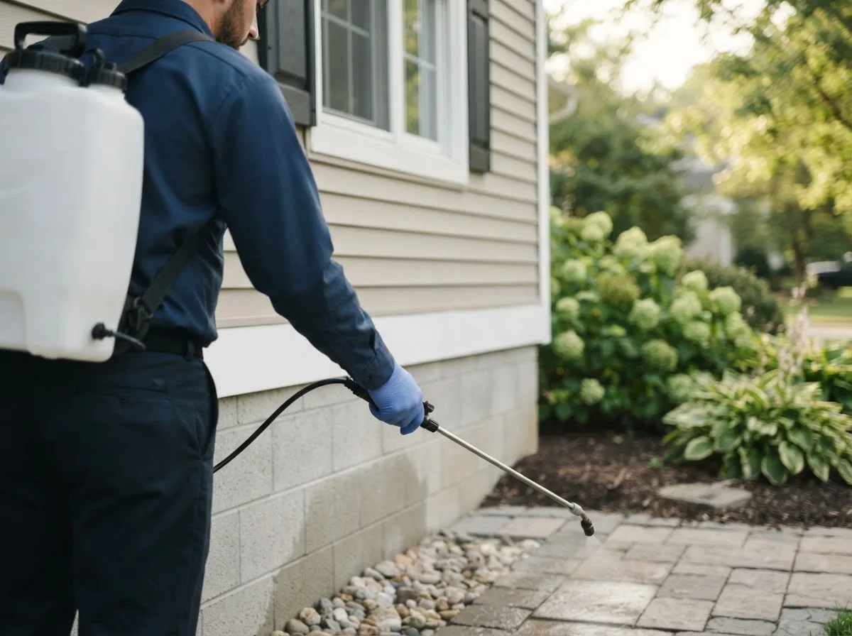 Pest control technician inspecting a home in Sunfield, MI